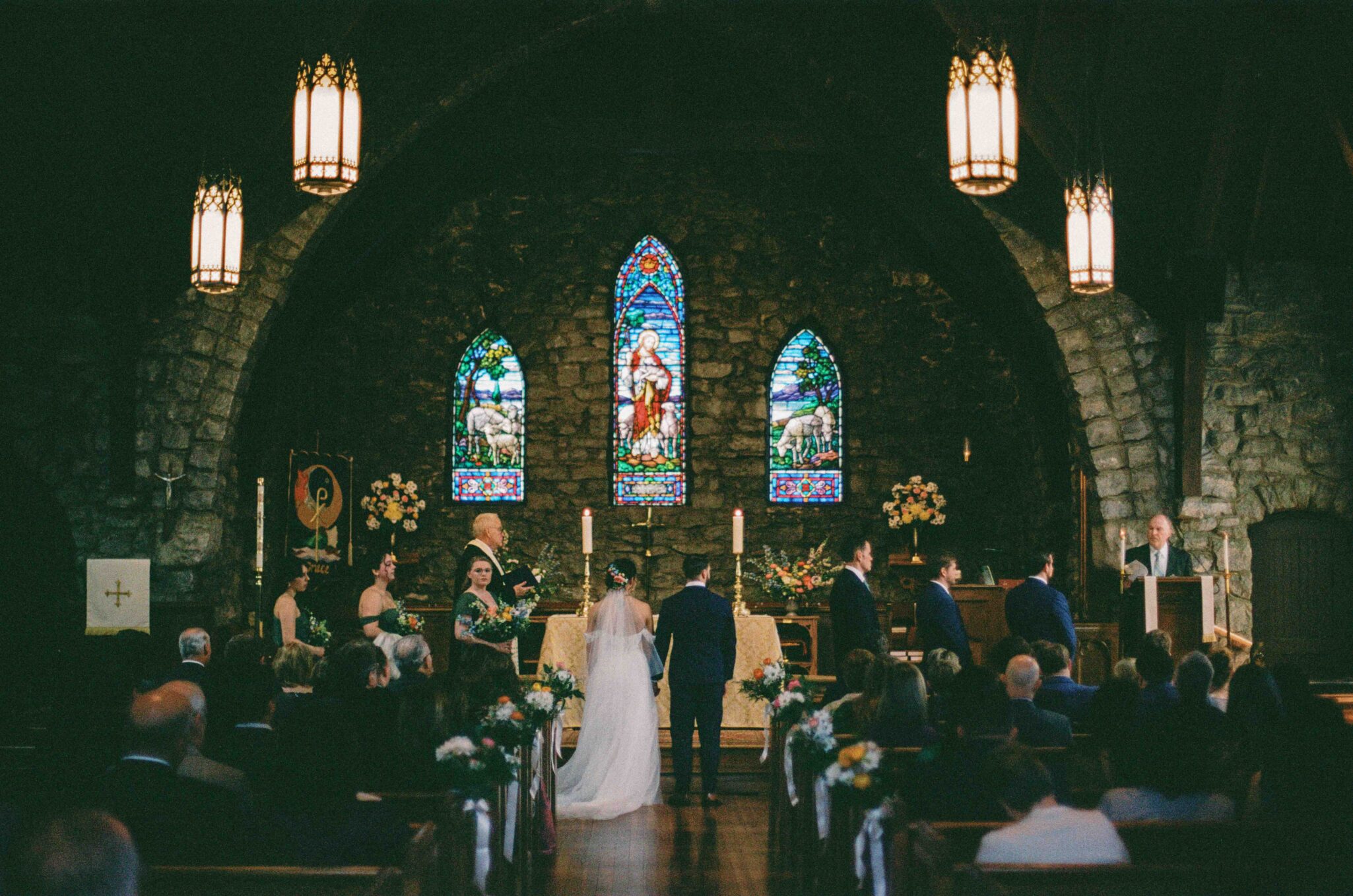 church 35mm film photography of a wedding in asheville, nc