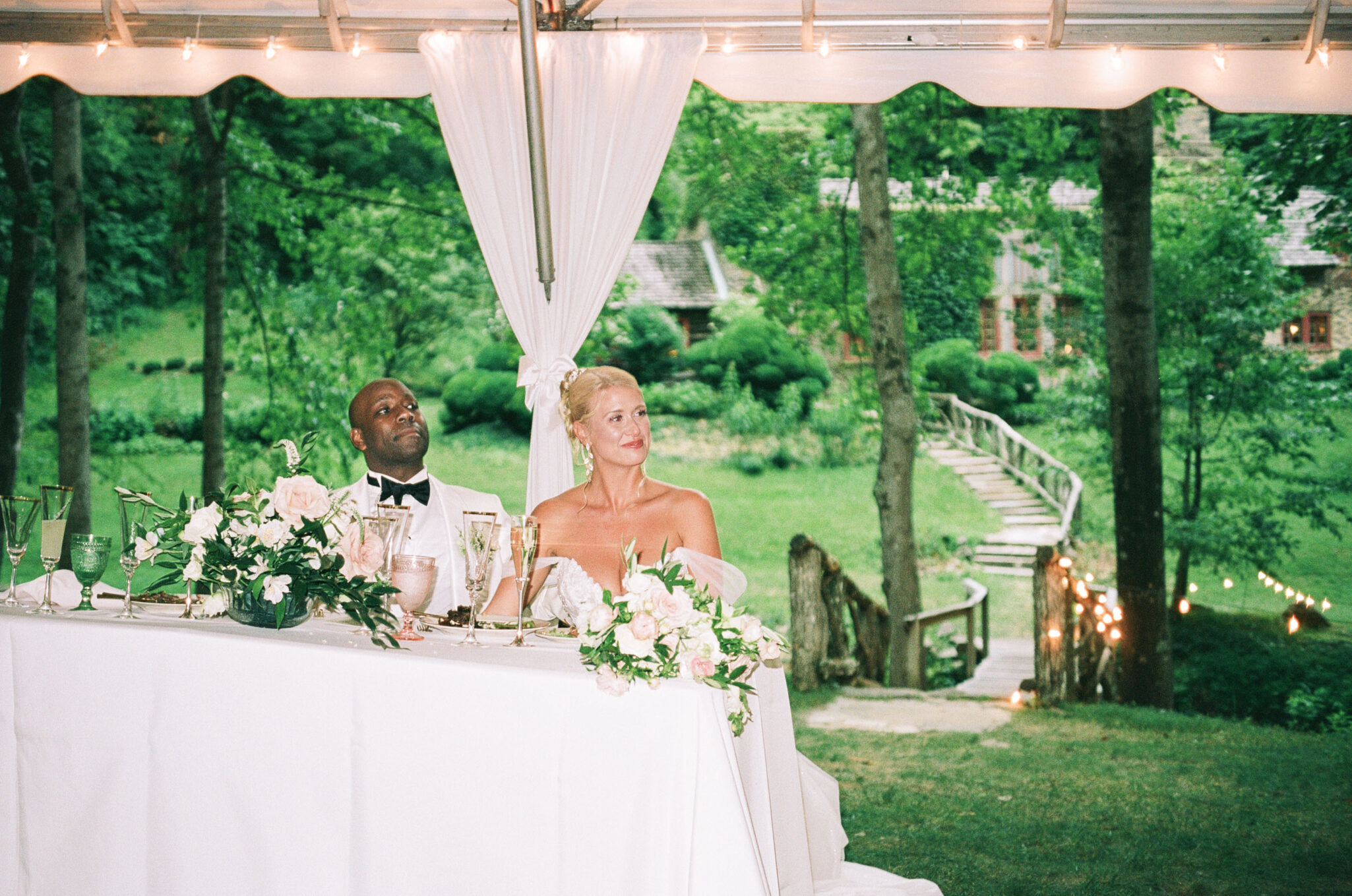 bride and groom newlywed table 35mm film photography of a wedding in asheville, nc