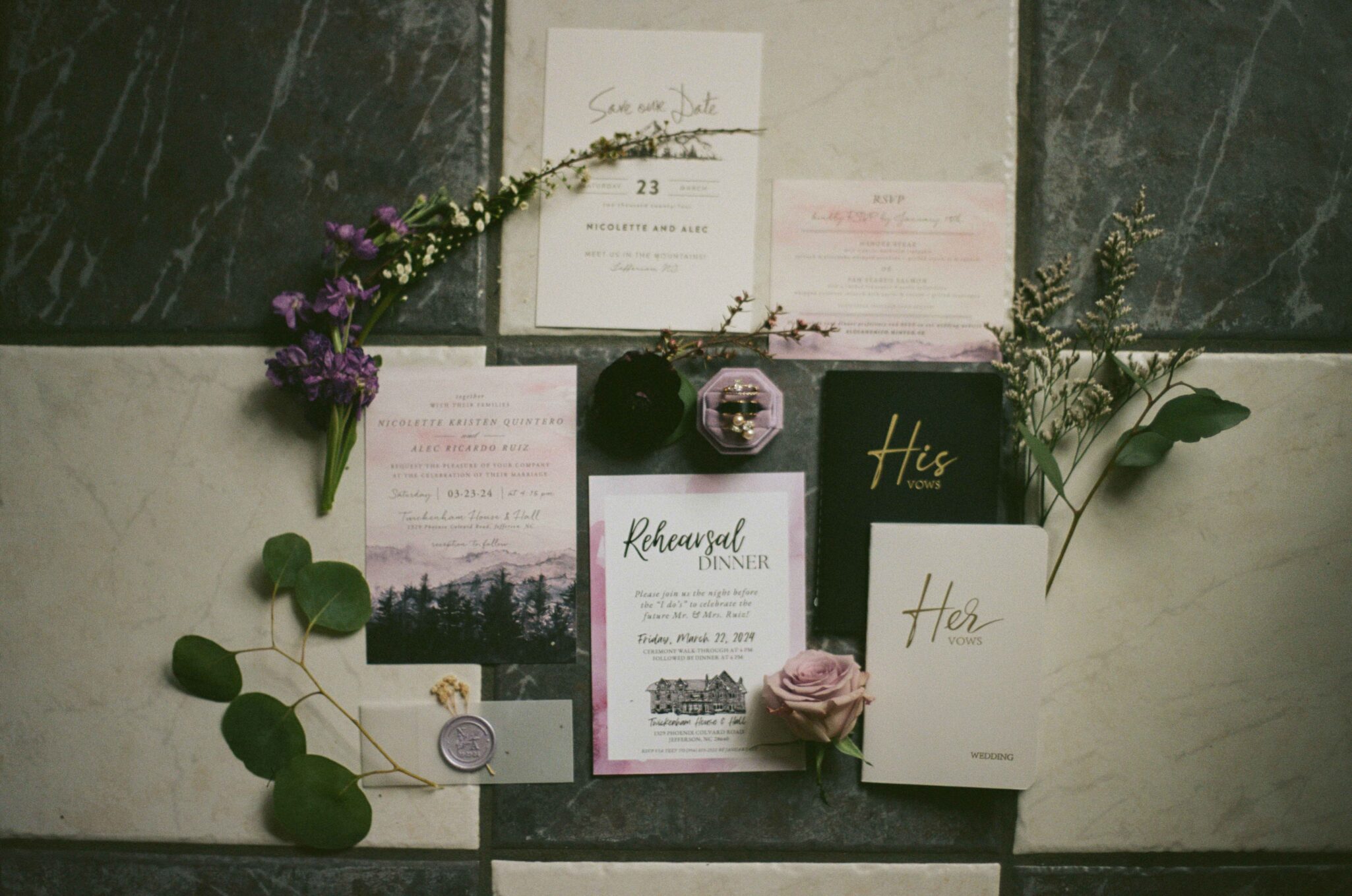 flat lay 35mm film photography of a wedding in asheville, nc