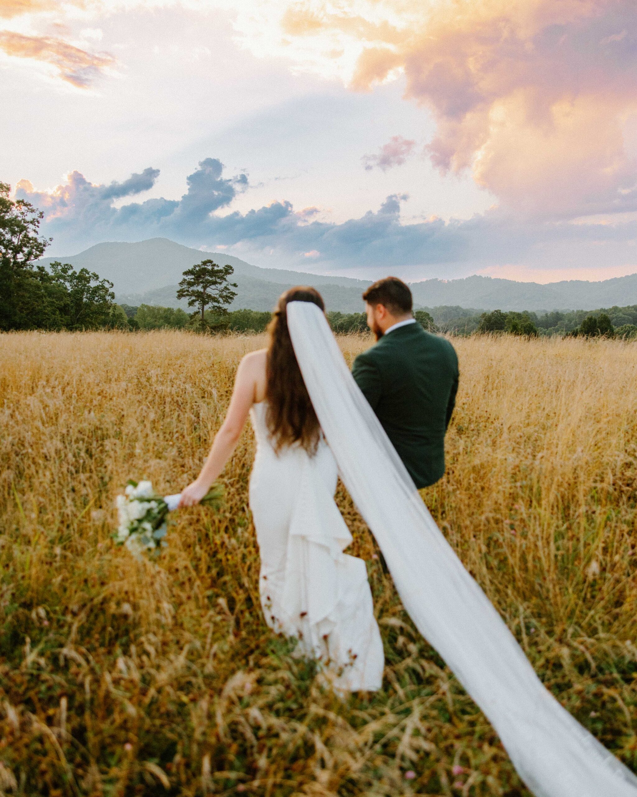 Bride and Groom walk through a field at Sunset with the Mountains in the background.