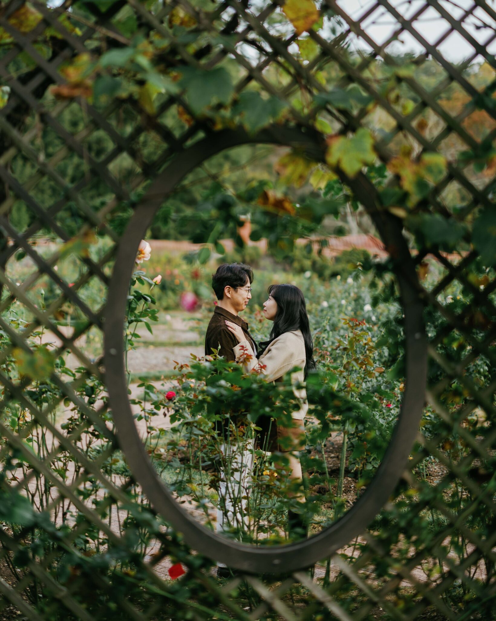 asheville wedding photographer A couple stands closely together in a garden, surrounded by flowers and framed by an oval opening in a wooden lattice fence, gazing into each other’s eyes—captured beautifully by an Asheville wedding photographer.