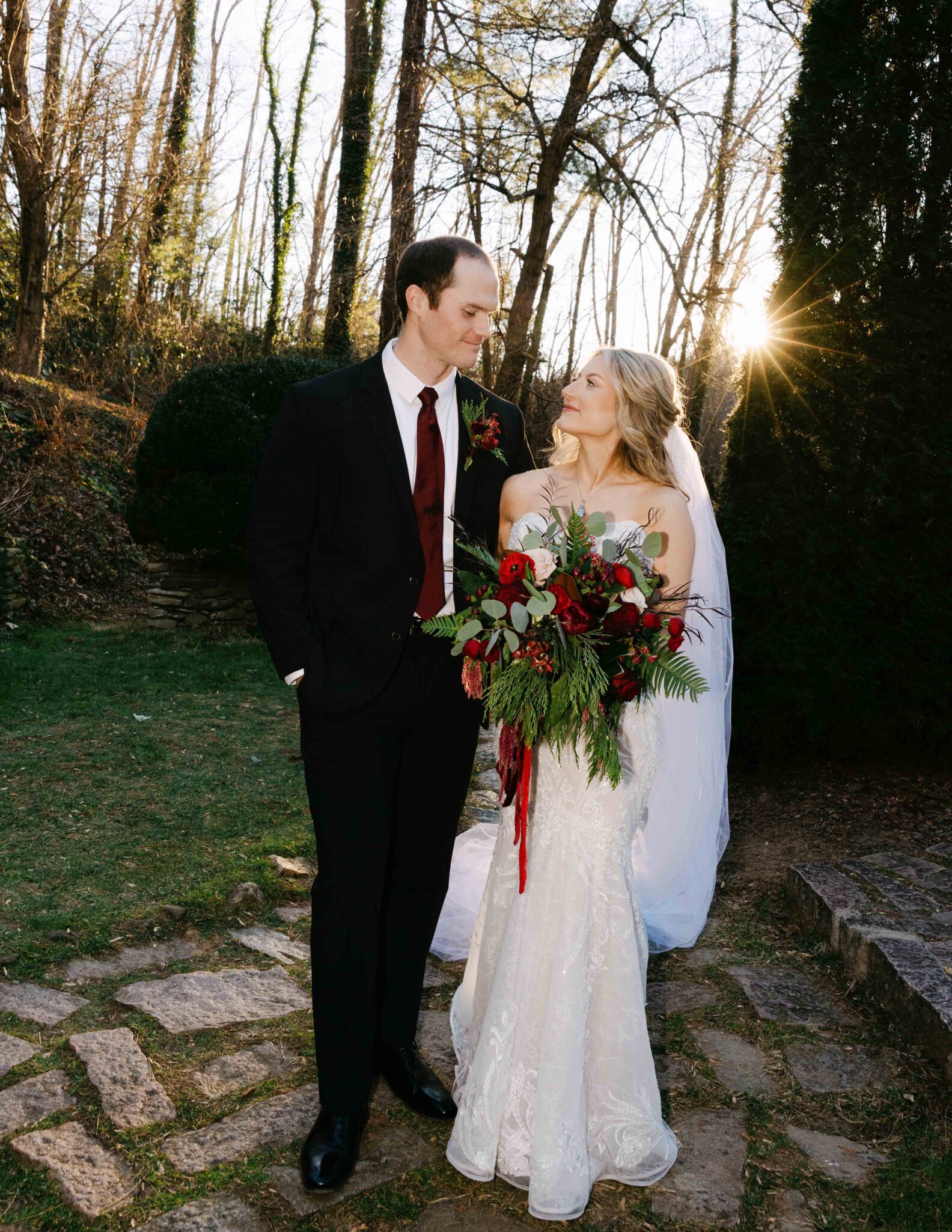 bride and groom outside in the sun at douglas ellington house