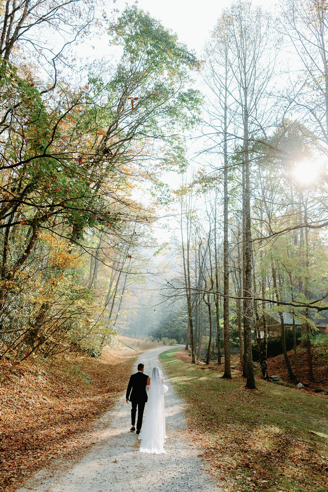 A bride and groom walk hand in hand down a tree-lined path surrounded by autumn foliage, with sunlight streaming through the branches.