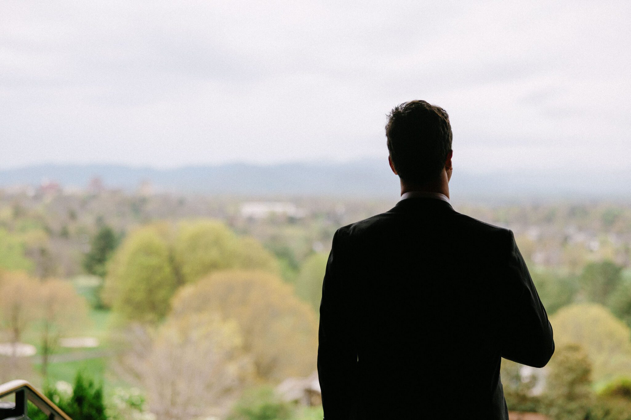 A man in a dark suit stands with his back to the camera, overlooking a scenic landscape of trees and distant hills under a cloudy sky.