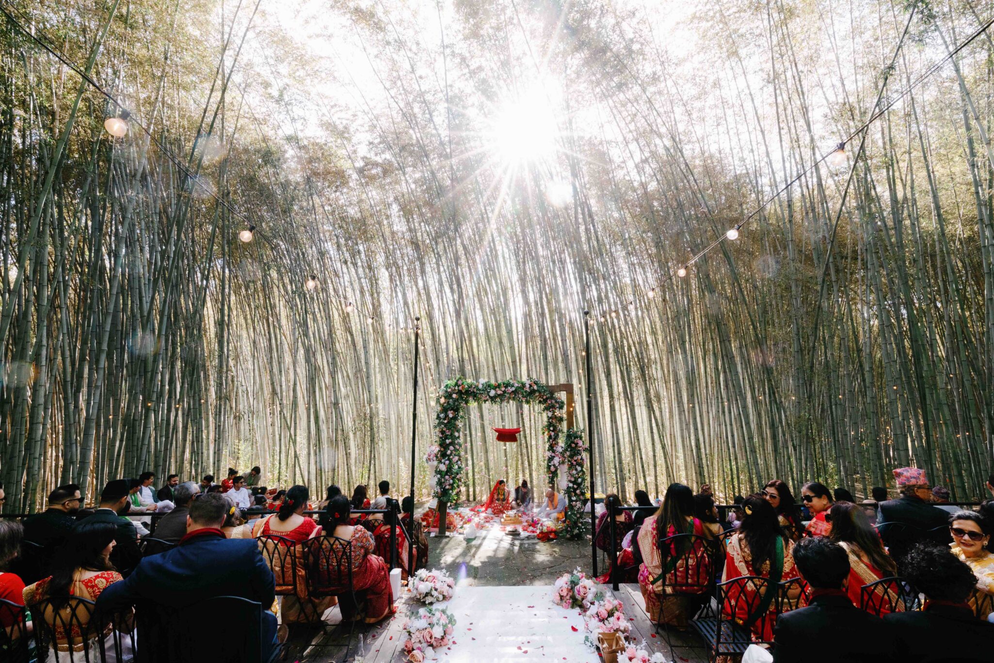 A wedding ceremony takes place outdoors in a bamboo forest. Guests sit on either side of an aisle covered in rose petals, leading to a flower-decorated altar, with sunlight streaming through tall bamboo in the background.
