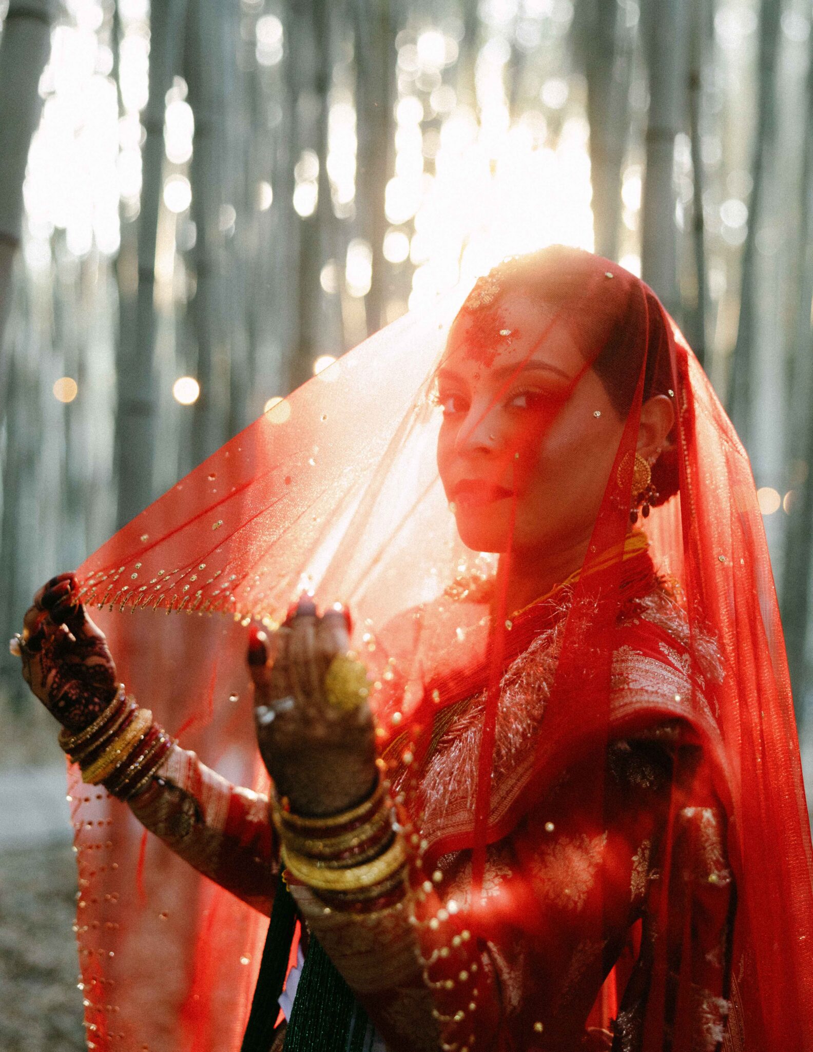 A woman dressed in traditional attire holds up a sheer red veil, adorned with gold jewelry and henna. Sunlight filters through trees in the background, creating a warm, glowing effect behind her.