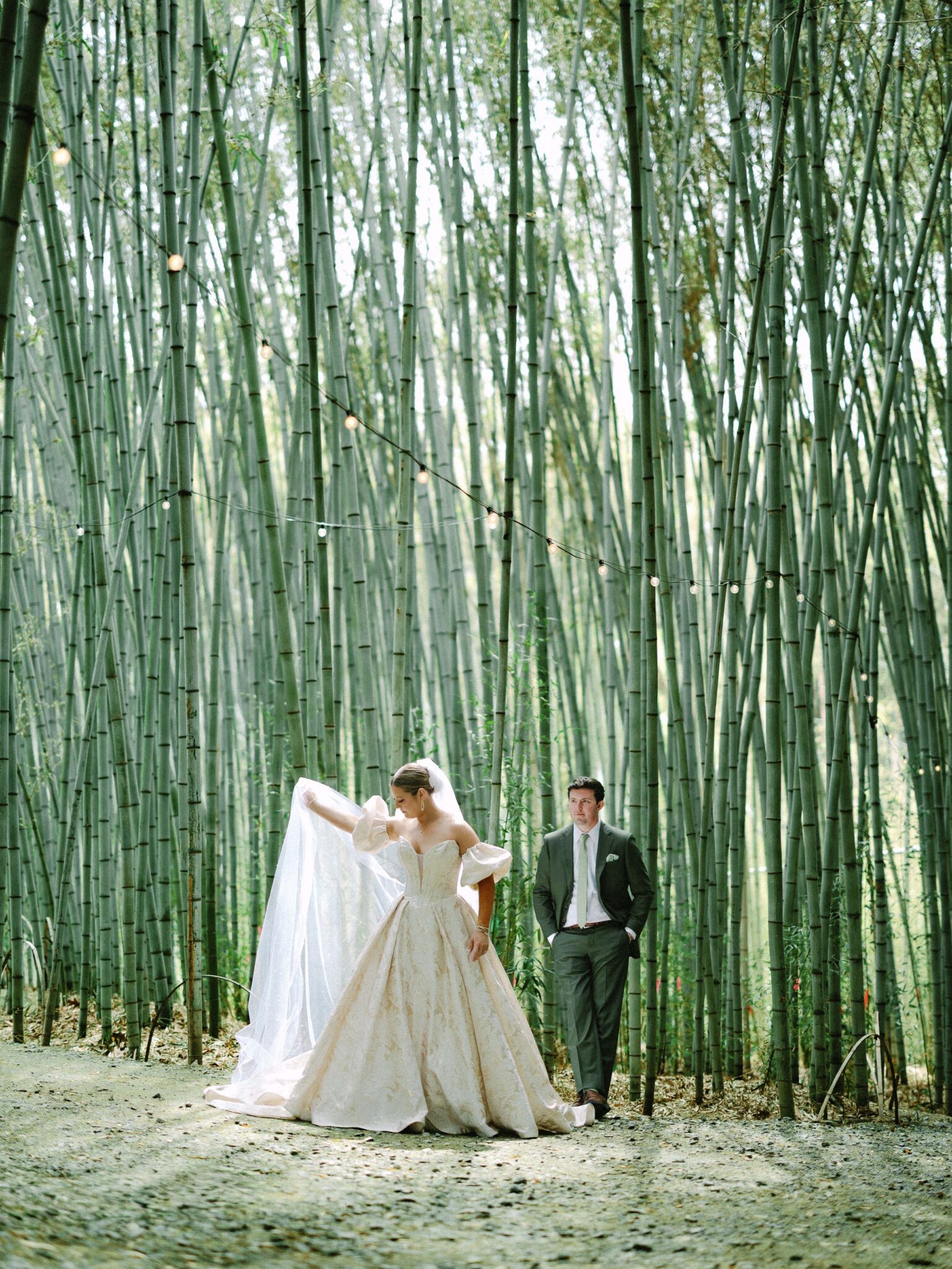 A bride in a white gown adjusts her veil while standing next to a groom in a suit, surrounded by tall bamboo stalks in a serene outdoor setting.