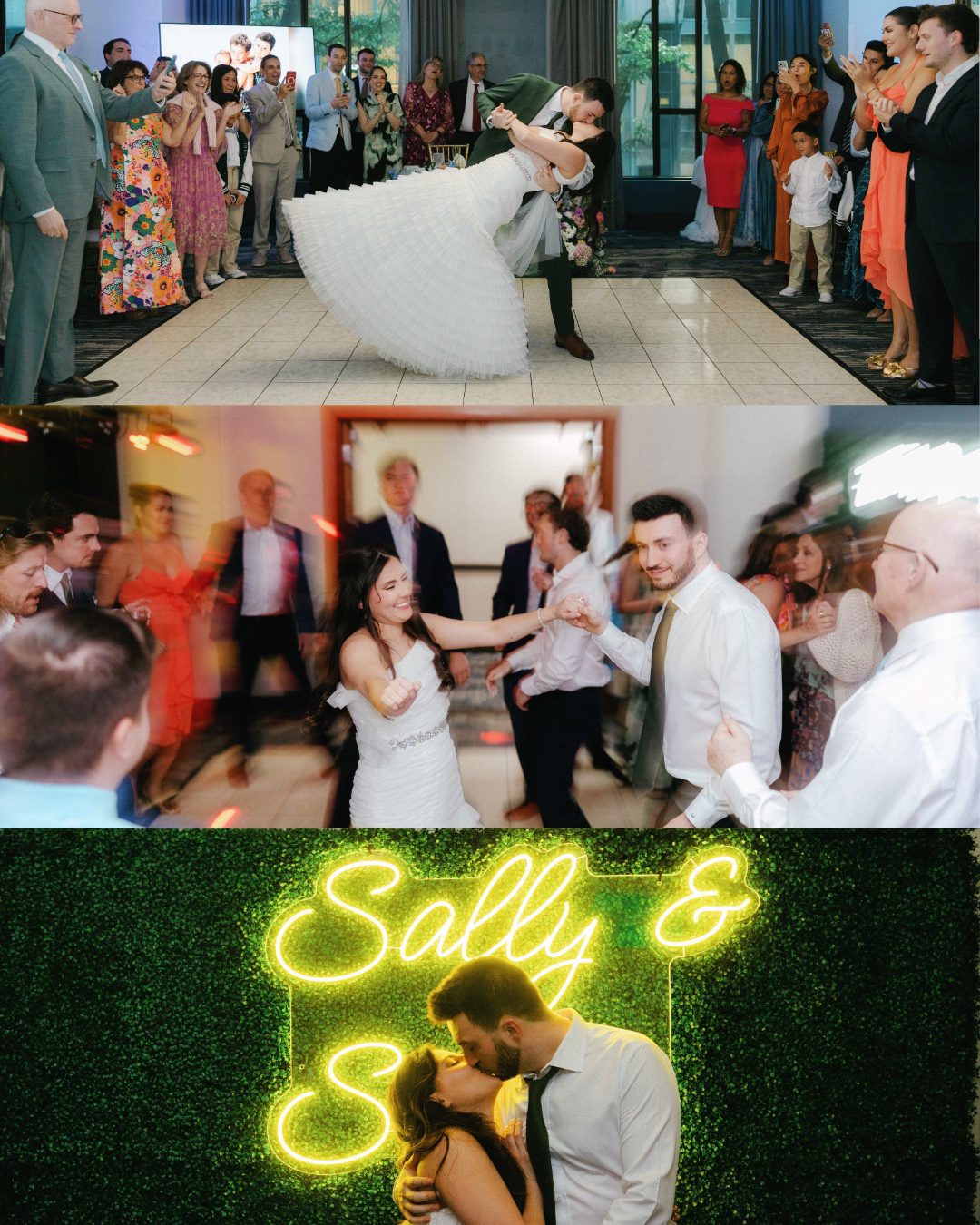 A bride and groom dance and kiss at their Double Tree Hilton Charlotte City Center Wedding, surrounded by guests. The last image shows them kissing in front of a glowing neon sign that reads Sally & Sam against a green backdrop.