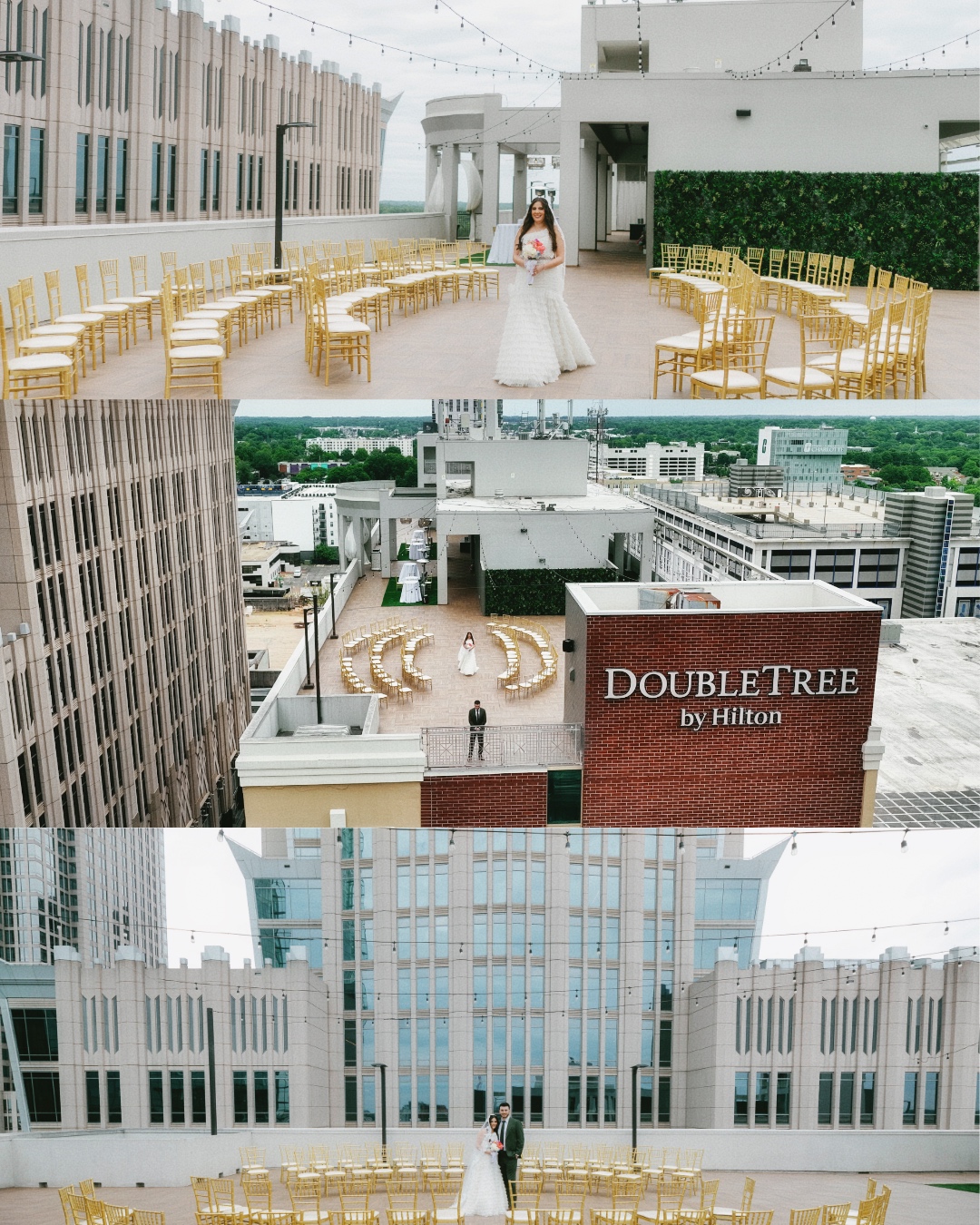 Three images capture a Double Tree Hilton Charlotte City Center Wedding on a rooftop venue, with gold chairs arranged for the ceremony and a bride and groom posing against the city skyline.