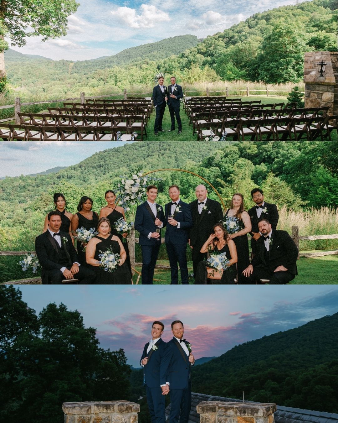 Three wedding photos: an outdoor ceremony setup, a wedding party posing in front of greenery, and two grooms embracing at sunset—all set against the picturesque backdrop of lush, rolling hills and blue skies at a stunning Castle Ladyhawke wedding.