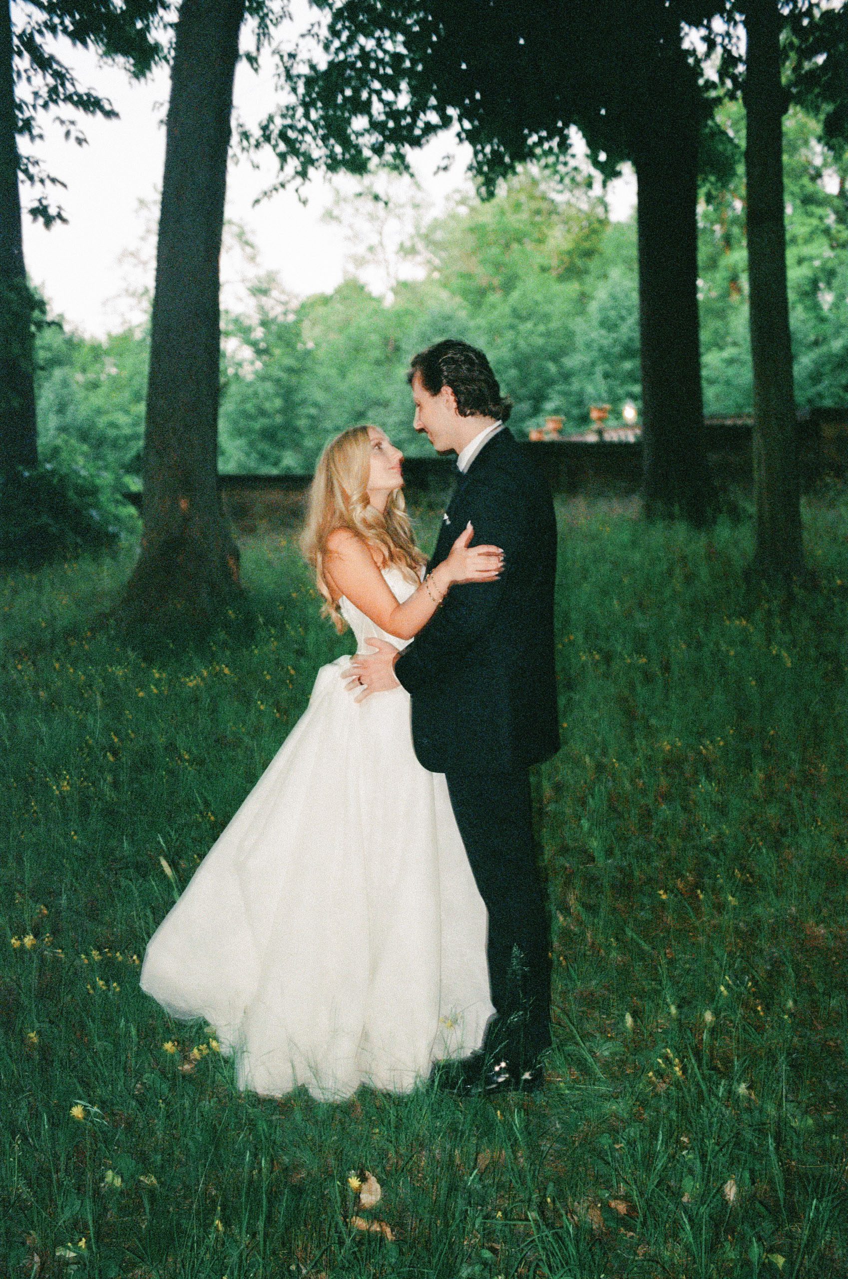 Bride and groom embracing beneath tall trees at sunset
