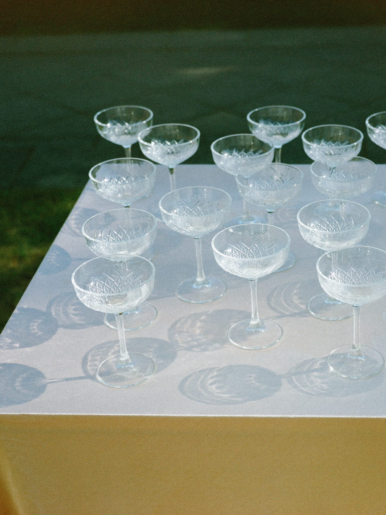 Vintage champagne coupes arranged on a sunlit wedding table