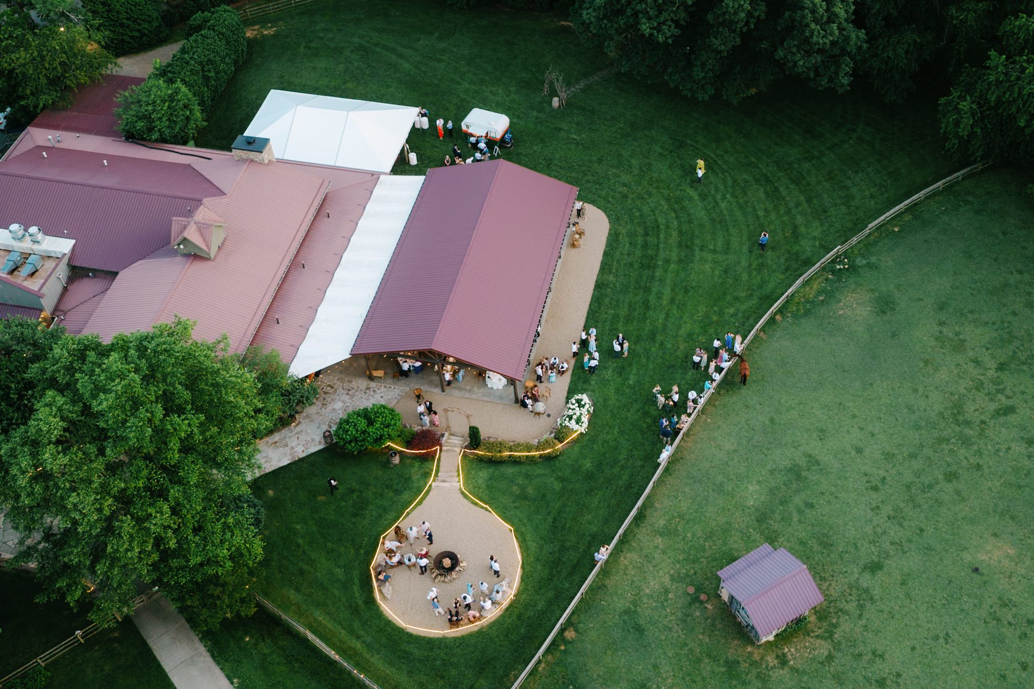 Aerial view of The Farm and guests gathered outdoors