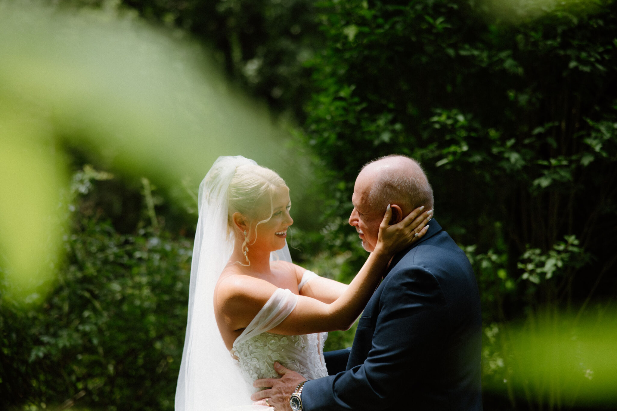 Bride first look with dad on wedding day at Douglas Ellington House Asheville