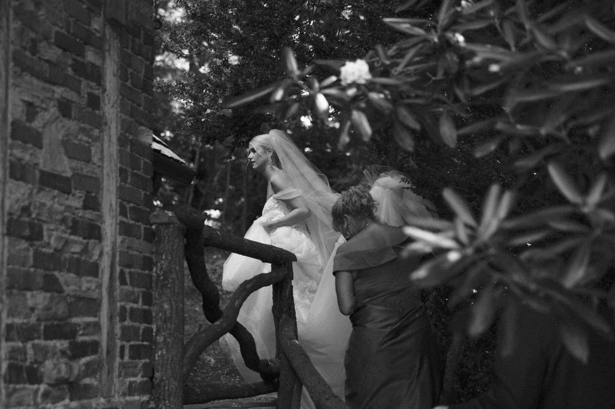 Bride hiding away before wedding ceremony Black and White