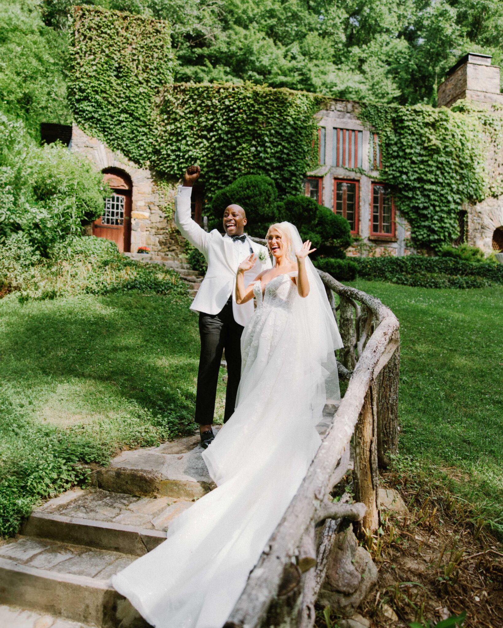 bride and groom just married reaction in front of Douglas Ellington House