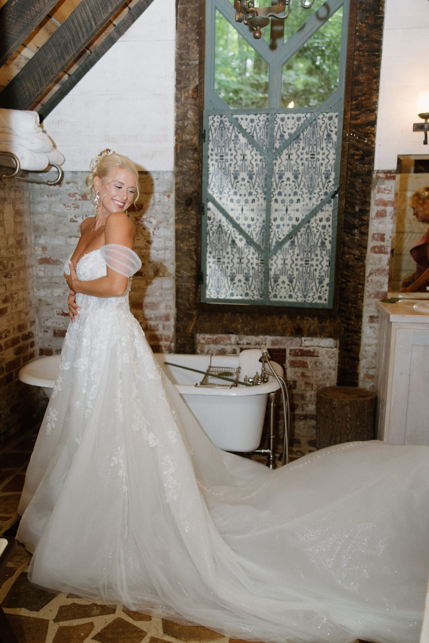 Bride getting ready into her wedding dress with Flash