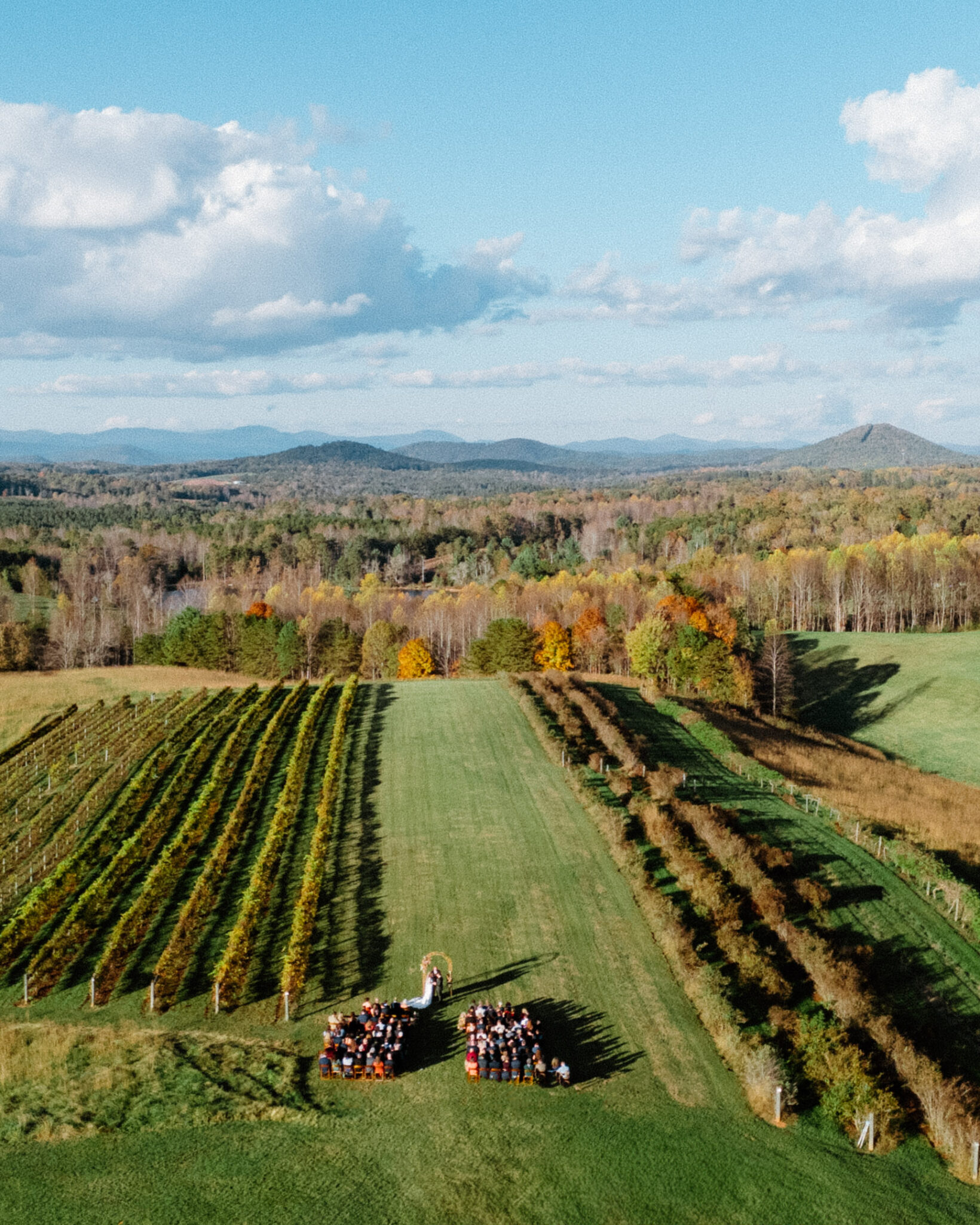 Wedding ceremony at Chattooga Belle Farm as seen from the sky.