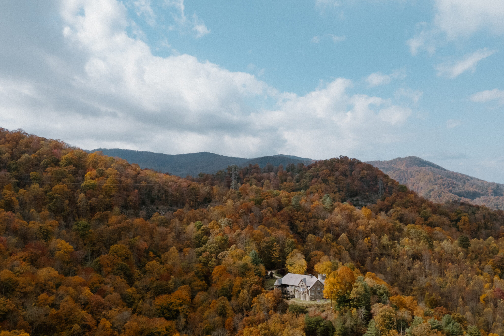 Castle in the fall in Western North Carolina. Drone photography of Castle Ladyhawke