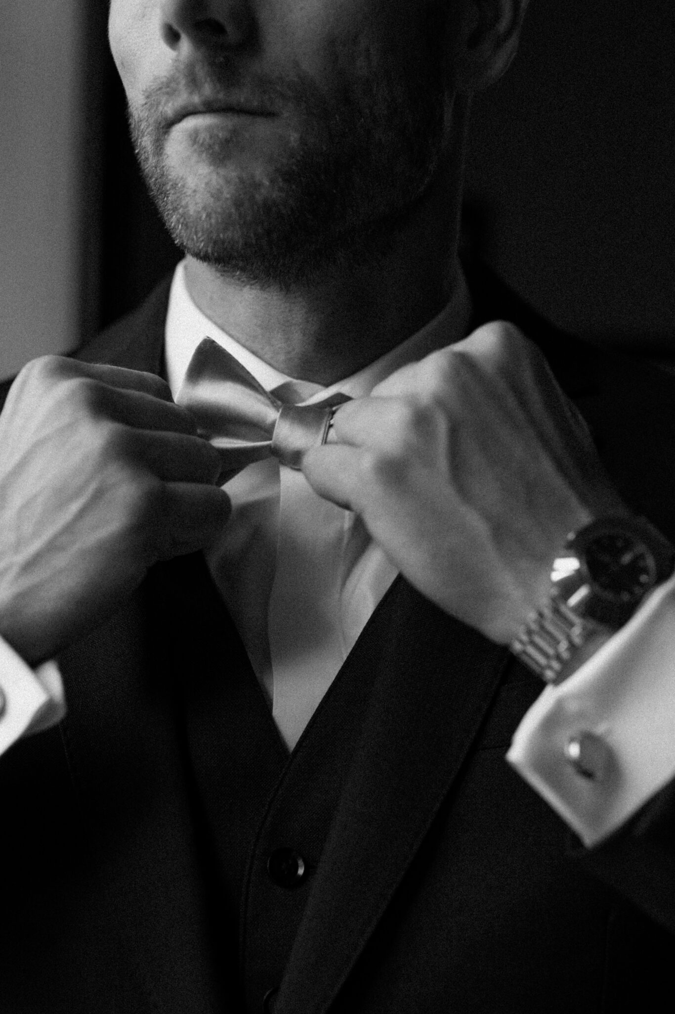 Groom getting ready at Castle Ladyhawke on his wedding day.