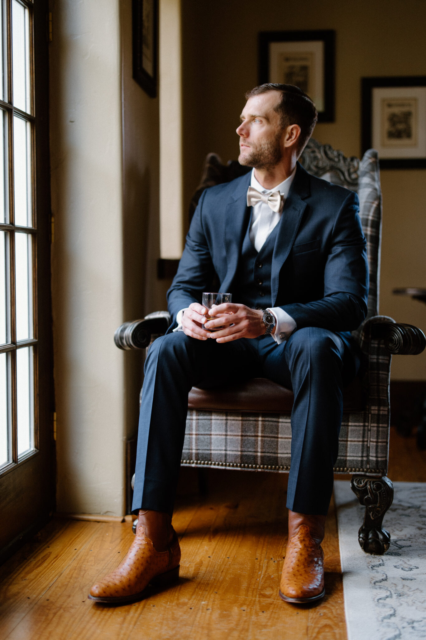 Groom getting ready at Castle Ladyhawke on his wedding day.