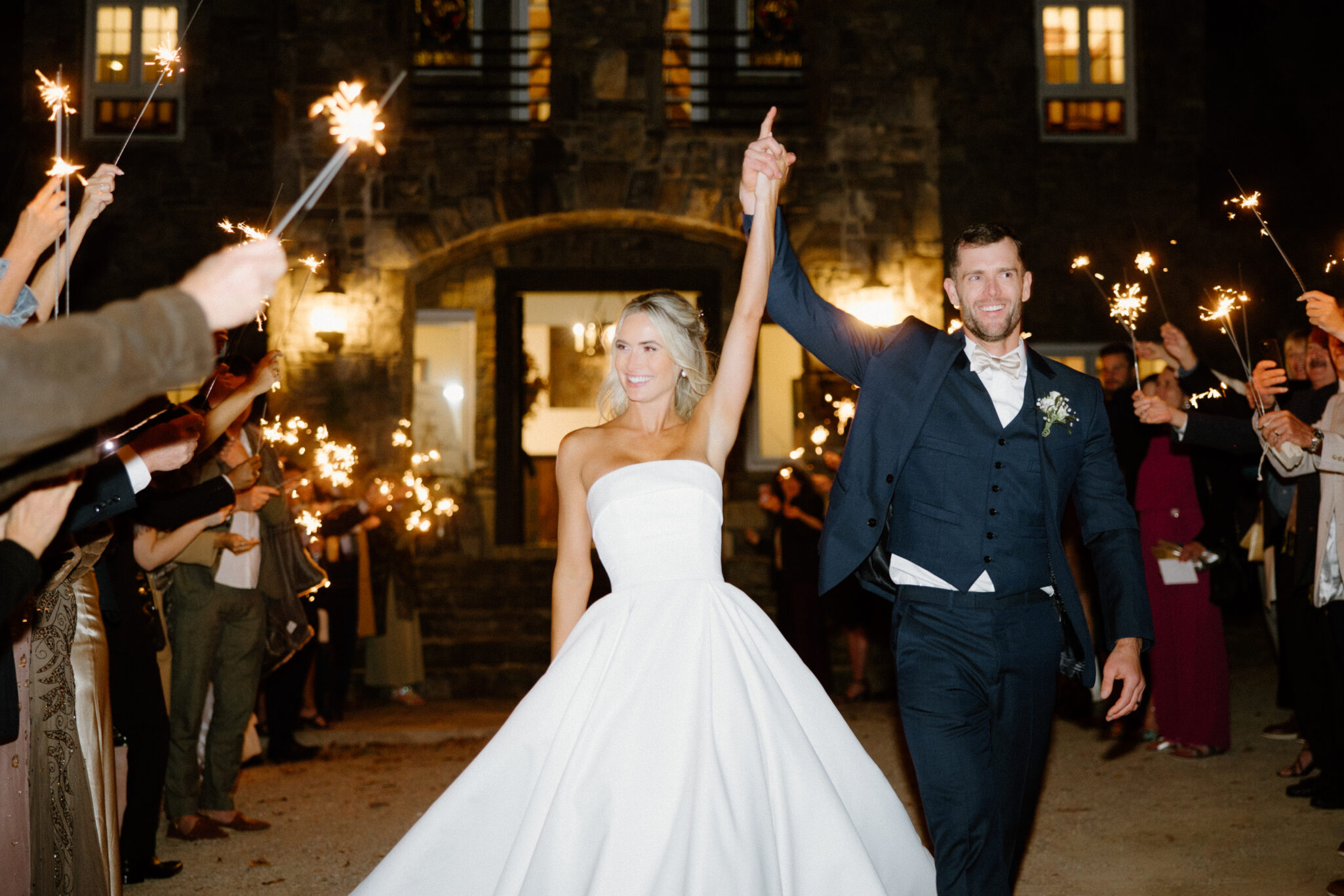 Fall Mountaintop mansion Wedding bride at Castle Ladyhawke sparkler exit castle. 