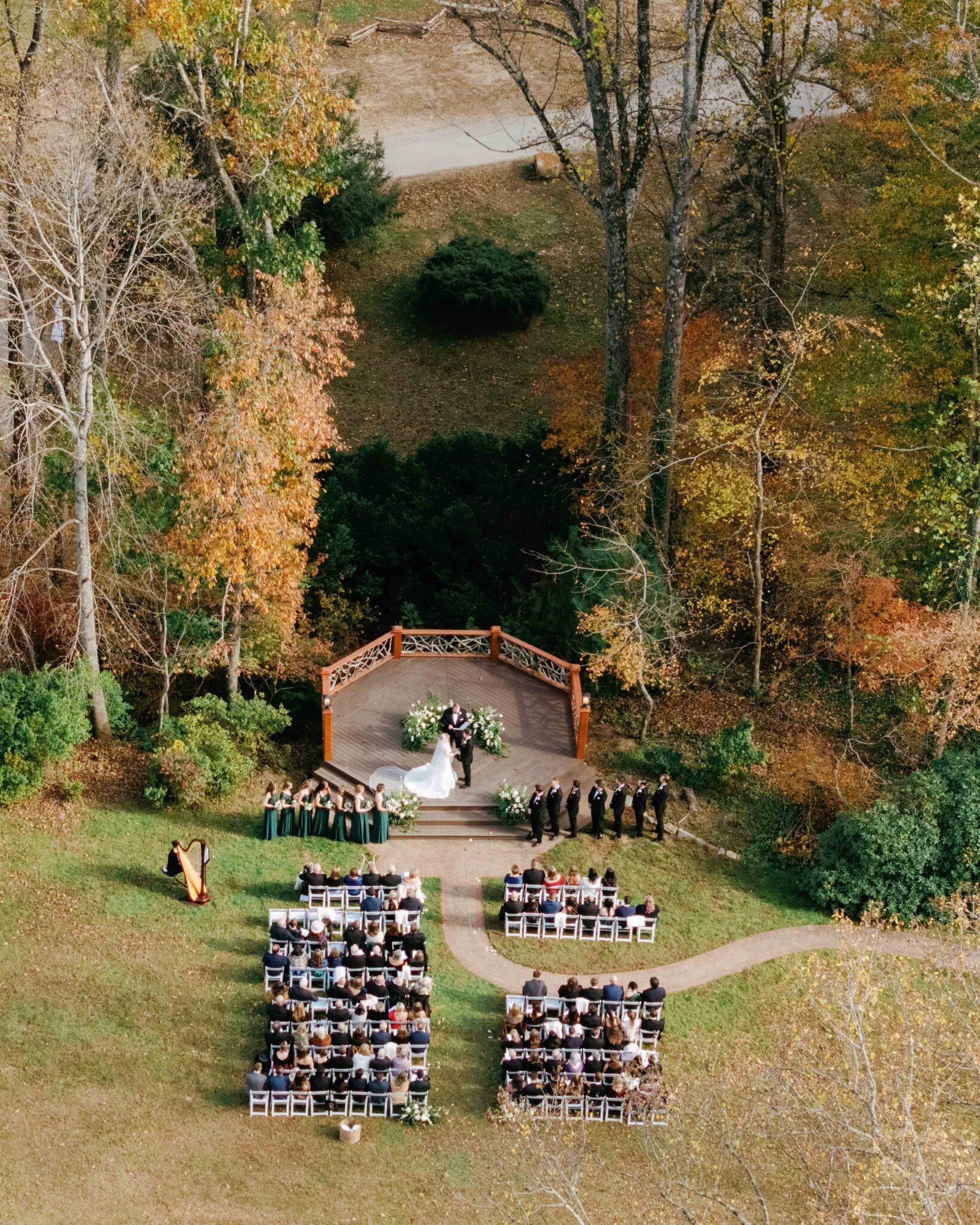 drone photography of a wedding ceremony at a fall wedding at lake eden retreat 